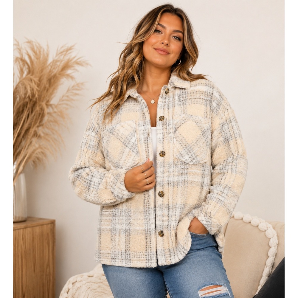 Cozy Button Front Shacket‎ Plaid Whipped Cream 1X (16W-18W) New NWT Cream Gray